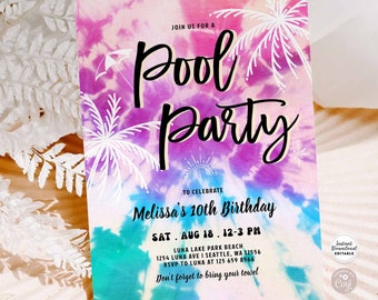 May include: A colorful tie-dye invitation for a pool party. The invitation features a white silhouette of palm trees and a sun with the text "Pool Party" in black. The text "Join us for a" and "To Celebrate" are in white. The invitation is for Melissa's 10th birthday and includes the date, time, and location of the party. The text "Don't forget to bring your towel" is in white.