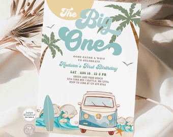 May include: An invitation template with a retro surf theme. The design features a blue and white van, a surfboard, and ocean waves. Text includes "The Big One" and event details for a first birthday party.