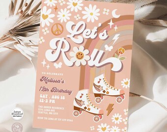Editable Beige ANY AGE Let's Roll Retro Groovy Roller Skate Birthday Party Invitation Daisy Rainbow Birthday Instant Download 670K2 (2)