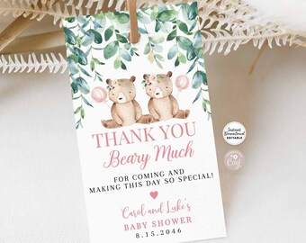 May include: Thank you card with a watercolor illustration of two bears wearing floral crowns and holding pink balloons. The text reads "Thank You Beary Much" and "For coming and making this day so special!" with a pink heart. The card also includes the text "Carol and Luke's Baby Shower 8.15.2046".