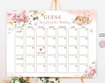 May include: A printable baby shower game with a floral design. The game asks guests to guess the baby's birthday. The due date is marked on the calendar with a pink heart.