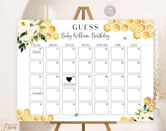 May include: A printable baby shower game with a yellow honeycomb pattern and white flowers. The game is a calendar with the text "Guess Baby William Birthday" and a heart marking the due date.