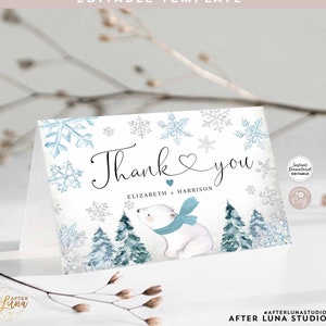 Editable Personalized Blue Winter Polar Bear Gray Snowflake Baby Shower Thank You Folded Card Editable Template / Instant Download 874V1