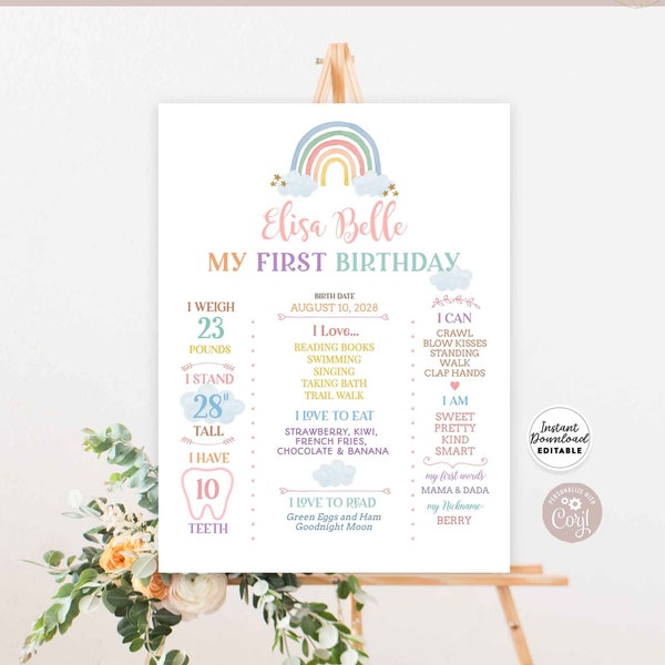 Editable Pastel Rainbow Birthday Milestone Poster Birthday Facts Rainbow First Year Keepsake Birthday Poster Instant Download 213K