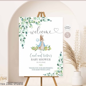 Editable Greenery Boy Peter Rabbit Baby Shower Sprinkle Birthday Welcome Sign Yard Sign Template Instant Download 1455V1