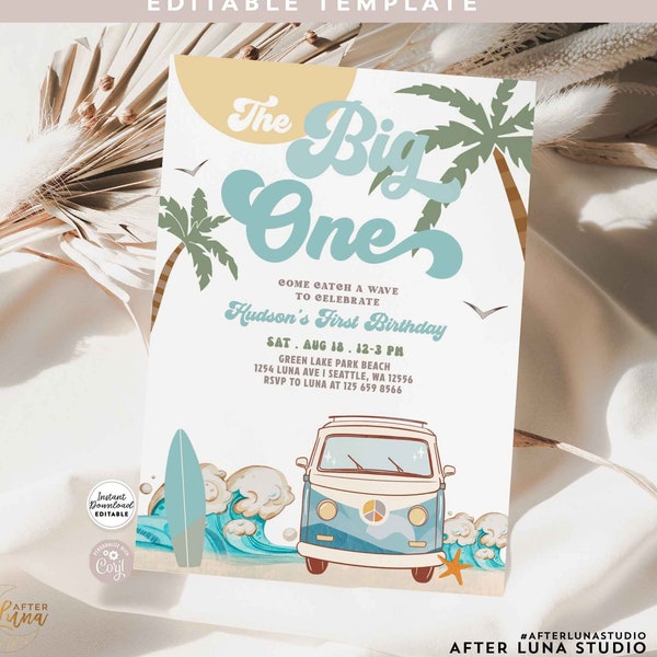 Editable Boy The Big One Surfing 1st Birthday Party Invitation Retro Surf Van Surfboard Beach Party Invite Instant Download 661K3 (1-1)