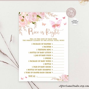 Editable Butterfly Pink Rose Gold Baby Shower Price Is Right Game Virtual Zoom Shower Games Baby Shower Games Template Download 1406