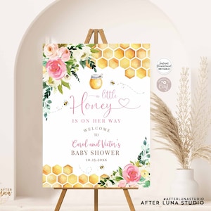 Editable Pink Bee Little Honey Baby Shower Baby Sprinkle Welcome Sign Yard Sign 24x36 18x24 16x20 Printable Template Instant Download 841V1