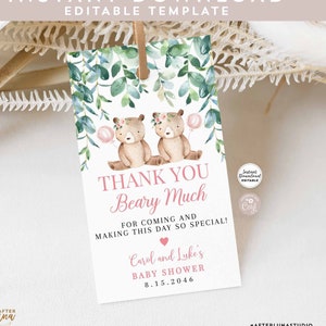 Editable Greenery TWIN GIRLS Teddy Bear Baby Shower Thank You Beary Much Favor Tags Boy Bear Gift Tag Template Instant Download 1432V5