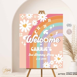 Editable Groovy Party Decor Welcome Sign Daisy Groovy Rainbow Green Blue TWO Groovy One Birthday Welcome Sign Instant Download 633K1