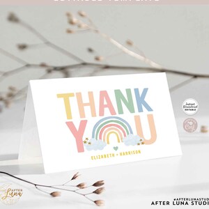 Carte pliée de remerciement modifiable arc-en-ciel Modèle de carte de remerciement imprimable arc-en-ciel pastel pour baby shower Téléchargement instantané 213V1