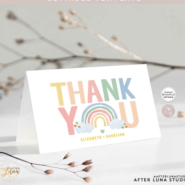 Editable Rainbow Thank You Folded Card Printable Pastel Rainbow Baby Shower Thank You Card Template Instant Download 213V1