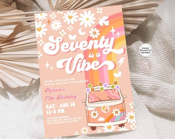 Editable Seventy is a Vibe Van Birthday 70th Bright Pink Peach Groovy Birthday Daisy Hippie Birthday Invitation Instant Download 633K6 (70)