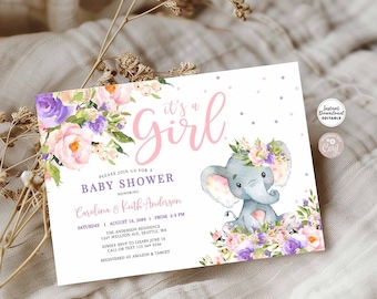 Könnte beinhalten: Eine rosa und violette Babyparty-Einladung mit einem floralen Design und einer Illustration eines grauen Elefanten, der eine Blumenkrone trägt. Der Text lautet "It's a girl" und enthält Details zur Veranstaltung, einschließlich Datum, Uhrzeit, Ort und RSVP-Informationen.