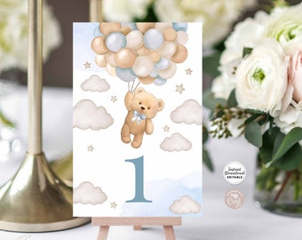 Modifiable garçon nounours montgolfière 4 x 6 po. Numéro de table couple baby shower brunch modèle de décoration de table téléchargement immédiat 902V1