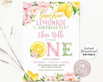 Limonada editable primera invitación de cumpleaños invitación de cumpleaños de limón rosa limonada de limón sol y invitación divertida descarga instantánea AL1490