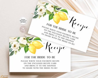 Editable White Floral Lemon Recipe Card Insert Wedding Couple Bridal Shower Recipe Inserts Printable Template Instant Download 162BR