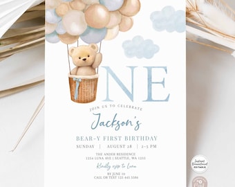 Editable 1st Birthday Boy Teddy Bear Hot Air Balloon Birthday Invitation Beary 1st Birthday Invite Printable Instant Download 905K1 (1)