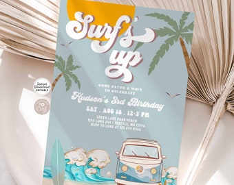 May include: A light blue invitation featuring the words "Surf's Up" and a vintage van illustration. The invitation includes details for Hudson's 3rd birthday, with palm trees, waves, and a surfboard. The words "Instant Download Editable Template" are at the top.