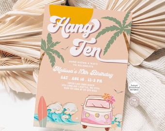 Bearbeitbare Hang Ten-Einladung zum 10. Geburtstag, Surf-Geburtstagsparty-Einladung, Surf-Van-Surfbrett-Strandparty-Einladung, sofortiger Download 661K11 (3)