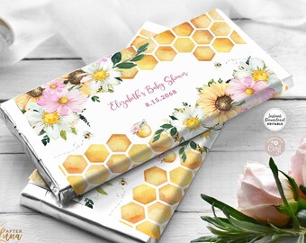 Bearbeitbare Sonnenblume rosa Gänseblümchen Honigbiene Hummel Schokoriegel Wrapper Babyparty Sprinkle Candy Bar Wrapper Vorlage Sofortiger Download 800V1
