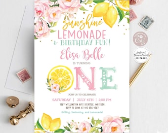 Editable Lemonade First Birthday Invitation Pink Lemon Birthday Invitation Sunshine Lemon Lemonade Fun Invite Instant Download AL1490 (6)