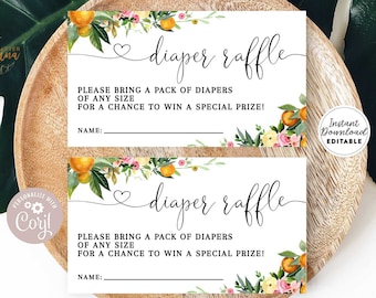 Bearbeitbar Little Cutie Orange Citrus Baby Shower Windel Lotterielos Einfügen Greenery Mandarin Orange Raffle Card Instant Download 906