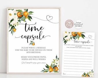 Puede incluir: Un cartel de cápsula del tiempo imprimible con un diseño floral con flores blancas y cítricos naranjas. El cartel dice "cápsula del tiempo" e incluye instrucciones para que los invitados escriban un mensaje para el bebé que se abrirá en su cumpleaños número 18.
