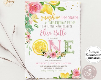 Limonada editable primera invitación de cumpleaños invitación de cumpleaños de limón rosa limonada de limón sol y invitación divertida descarga instantánea 157KID