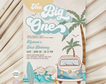Editable Boy The Big One Surfing 1st Birthday Party Invitation Retro Boy Surf Van Surfboard Beach Party Invite Instant Download 661K3 (1-5)