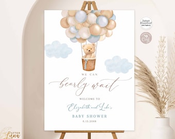 Editable Blue Hot Air Balloon Boho Blue Bear We Can Bearly Wait Baby Shower Welcome Sign Decor Decors Template Instant Download 905V1