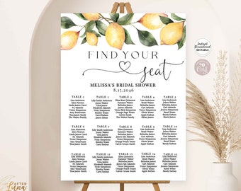 May include: A lemon-themed printable seating chart for a bridal shower. The chart features a watercolor illustration of lemons and leaves. The text "Find Your Seat" is written in a cursive font with a heart symbol. The chart is divided into 15 tables with names for each guest listed under each table number.