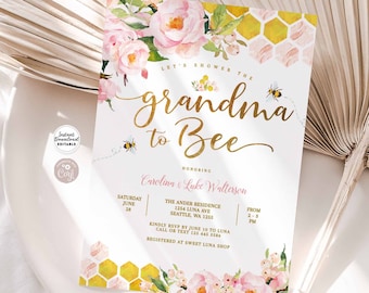 Editable Pink Floral Gold Grandma to Bee Baby Shower Invitation Bee Baby Sprinkle Invites Printable Template Instant Download 1574V2 (7)