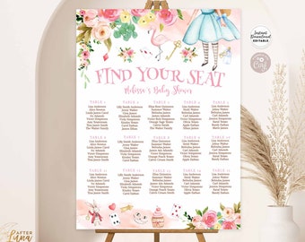 Editable Alice In ONEderland Tea Party 1st First Birthday Baby Shower Find Your Seat Seating Chart Printable Template Instant Download 789
