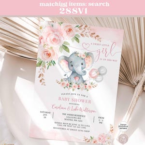Modifiable rose pâle éléphant or rose invitation baby shower fille bébé éléphant cacahuètes inviter modèle imprimable téléchargement immédiat 288V1 (2)