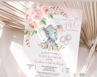EDITABLE Blush Pink Rose Gold Elephant Baby Shower Invitation Girl Baby Peanut Elephant Invite Printable Template Instant Download 288V1 (2)