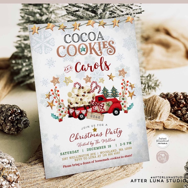 Editable Cookies Cocoa Carols Red Truck Christmas Holiday Party Invitation Hot Chocolate Holiday Party Template Instant Download X747 (5)