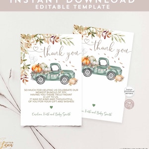Editável outono abóbora gênero neutro menino menina verde caminhão pickup obrigado cartão plano editável download instantâneo 1261v7
