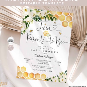 Può includere: Un invito a una festa di nascita bianca con un'illustrazione ad acquerello di un alveare e fiori bianchi. Il testo recita "Twin Parents to Bee" e include i dettagli dell'evento, tra cui data, ora, luogo e informazioni RSVP.