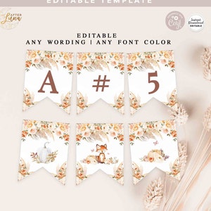 Editable ANY WORDING Fall Pumpkin Fox Pennant Banner 8.5x11&quot; Baby Shower Birthday Decor DecorationTemplate Instant Download 309