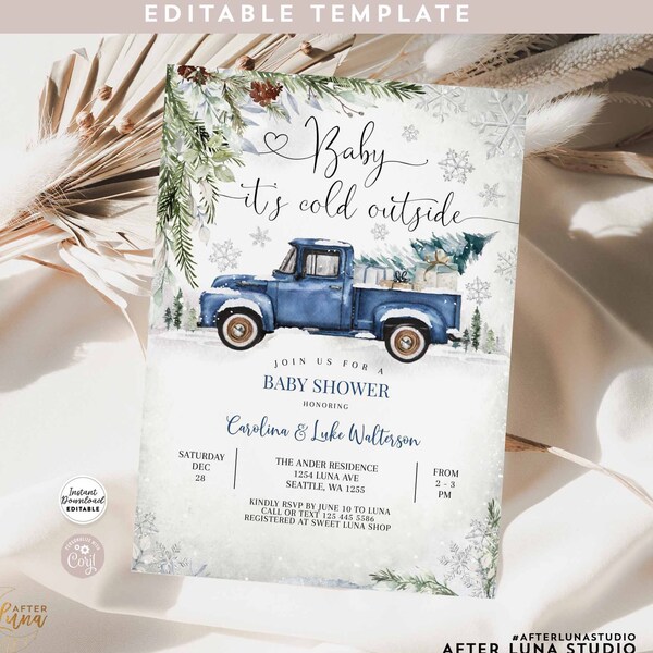 Editable Winter Navy Blue Truck Baby Shower Invitation Boy Blue Truck Baby It's Cold Outside Baby Shower Template Instant Download 398V1 (1)