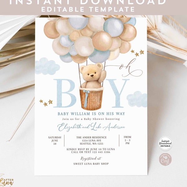 Editable Oh Boy Teddy Bear Hot Air Balloon Baby Shower Invitation Blue Beige We Can Bearly Wait Invites Template Instant Download 905V1 (3)