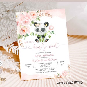 Bewerkbare Panda We Can Bearly Wait Girl Panda Baby Shower Uitnodiging Uitnodiging Paren Baby Shower Uitnodigingen Sjabloon Instant Download 779V2