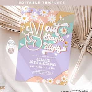 Editable Purple Peace Out Single Digits Groovy 10th Birthday Pink Invite Daisy Hippie Birthday Invitation Instant Download 665K3 (10-2)