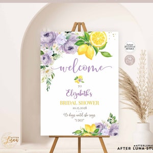 Cartello di benvenuto per addio al nubilato, baby shower, floreale, viola, lavanda, limone, modificabile, cartello da giardino, 24x36, 18x24, 16x20, modello da scaricare immediatamente 157BR6