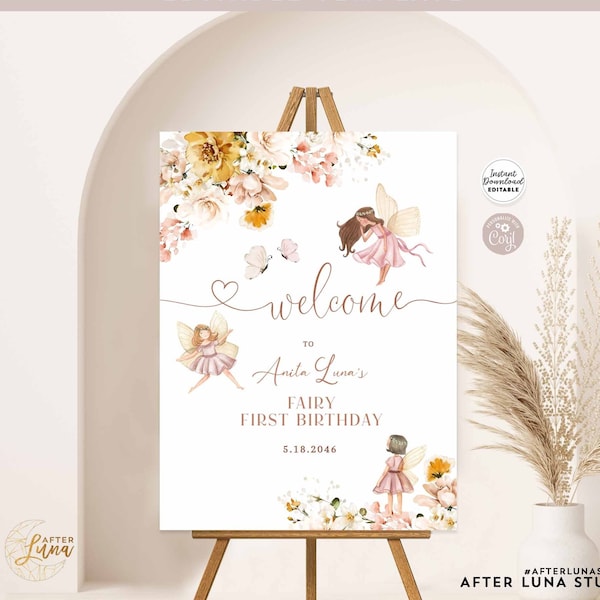 Editable Blush Fairy Birthday Decor Decoration Baby Shower Sprinkle Birthday Welcome Sign Welcome Yard Sign Template Instant Download 858K1