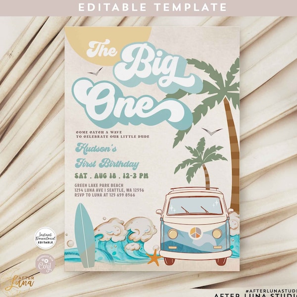 Bewerkbare Boy The Big One Surfing 1st Birthday Party Uitnodiging Retro Boy Surf Van Surfboard Beach Party Invite Instant Download 661K3 (1-5)