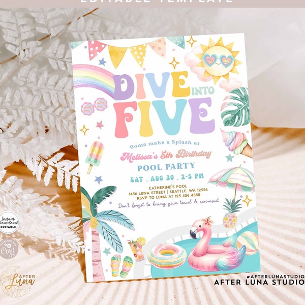 Editable Dive into FIVE 5th Pool Party Birthday Invitation Girly Pool Splash Pad Water Park Birthday Invite Digital Template 602K1 (5)