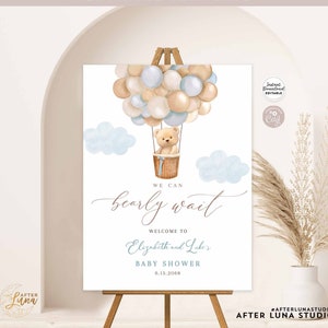 Editable Blue Hot Air Balloon Boho Blue Bear We Can Bearly Wait Baby Shower Welcome Sign Decor Decors Template Instant Download 905V1