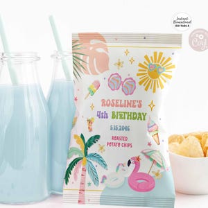 Bearbeitbar JEDE BEWORTUNG Mädchen Tropical Splash Geburtstag Pool Wasser Park Chip Tasche Wrapper Geburtstag Druckbare Vorlage Sofortiger Download 717K1